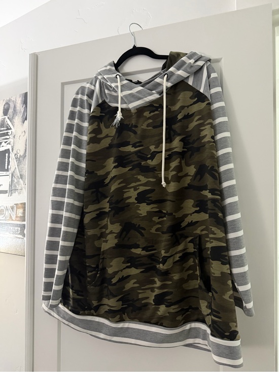 Tops - Camo Print Pullover Hoodie with Gray Striped Sleeves